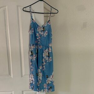 Blue Floral Midi Dress with Spaghetti Straps